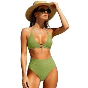 Cupshe Women Green High Waist Bikini Set Ring Detail 2 Piece M NWT